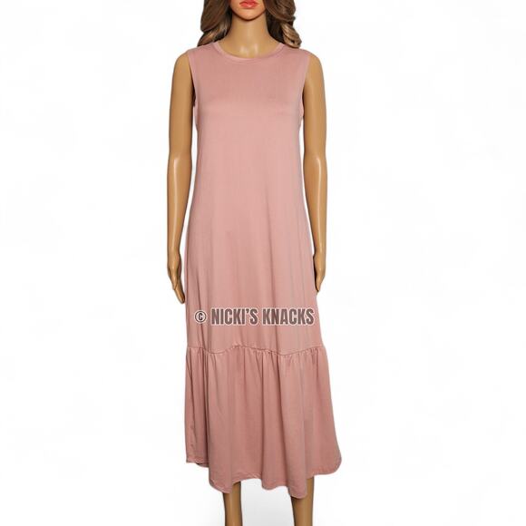 Blush Pink Sleeveless Midi Dress Shift Style Ruffle Hem Lagenlook Cottagecore L - Picture 2 of 8
